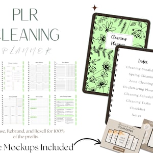 Puede incluir: Un planificador digital con un diseño floral verde y negro en la portada. El planificador incluye secciones para el desglose de la limpieza, la limpieza de primavera, la limpieza por zonas, la organización, el horario de limpieza, las tareas de limpieza, la lista de verificación y las notas. La imagen también incluye maquetas del planificador en una tableta y un teléfono.