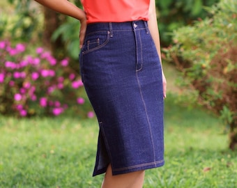 Women’s Jeans Skirt PDF Sewing Pattern, Slim Fit , Side Slits, Pockets, Back Yoke, Straight Waistband,   Sizes 00-20, Print-At-Home