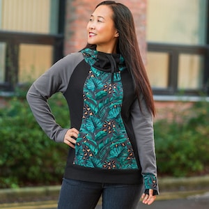 Women&#39;s Hoodie Sweatshirt, Knit Sewing Pattern, Cowl Neck, Cuffed Sleeve, Raglan Sleeve, Pockets, Princess Seams, Print-At-Home, Size 00 -40