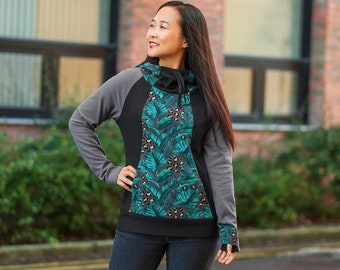 Women's Hoodie Sweatshirt, Knit Sewing Pattern, Cowl Neck, Cuffed Sleeve, Raglan Sleeve, Pockets, Princess Seams, Print-At-Home, Size 00 -40