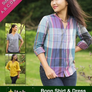Puede incluir: Un patrón de costura digital para una camisa y un vestido llamado Bonn Shirt & Dress. El patrón está disponible en las tallas 00-20 e incluye las tallas de copa A, B, C, D y DD. La imagen muestra a tres mujeres vistiendo diferentes versiones de la camisa y el vestido. La mujer del centro lleva una camisa a cuadros, la mujer de la izquierda lleva una camisa azul lisa y la mujer de la derecha lleva una camisa amarilla.