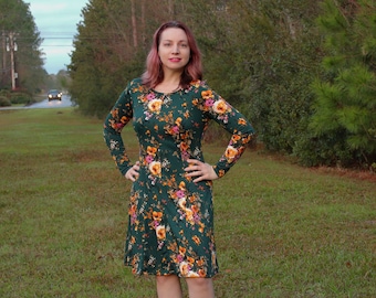 Women's Knit A-line Dress, Fitted Peplum/Top/ Dress Sewing Pattern, Princess Seams, Long Sleeves, Scoop Neck,  Sizes 00-20, Print-At-Home