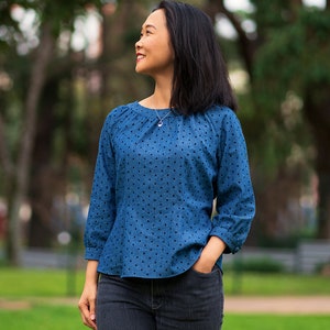 Women’s Woven Raglan Top , Long Sleeves, 3/4 Sleeves, Buttoned-Up Back, Gathered Neckline, PDF Sewing Pattern, Sizes 00-40, Print-At-Home