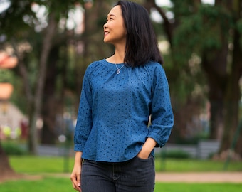 Women’s Woven Raglan Top , Long Sleeves, 3/4 Sleeves, Buttoned-Up Back, Gathered Neckline, PDF Sewing Pattern, Sizes 00-40, Print-At-Home