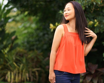 Women’s Woven Squared Neckline Top, Gathered Yokes, Sleeveless/Short Flutter Sleeves, Relaxed Fit, Cup Sizes, Sizes 00-20, Print-At-Home PDF