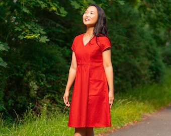 Women’s Woven Dress,Princess Seams, High-Waisted, Center-Front Gathers,Slanted Pockets,Zipper, Short Sleeves PDF Sewing Pattern, Sizes 00-40