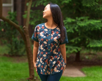 Women’s Relaxed-Fit Woven Top,  Dolman-Style, Cuffed Short Sleeves ,Front Placket, Pleats, Cup Sizes, Sizes 00-20, Print-At-Home PDF Pattern