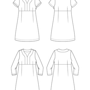 May include: Line drawing of a dress with short and long sleeves. The dress has a V-neck and a gathered skirt.