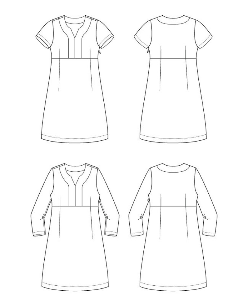 May include: Line drawing of a dress with short and long sleeves. The dress has a V-neck and a gathered skirt.