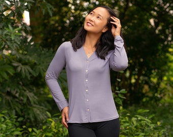 Women’s Knit V-Neck Neckband, Button Up, Slim-Fit, Long Sleeve, Short Sleeve, PDF Sewing Pattern, Sizes 00-40,  Plus Size, Print-At-Home