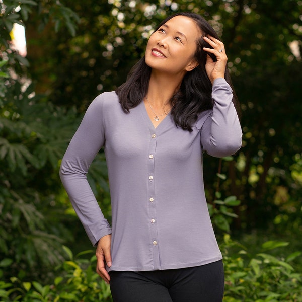 Women’s Knit V-Neck Neckband, Button Up, Slim-Fit, Long Sleeve, Short Sleeve, PDF Sewing Pattern, Sizes 00-40,  Plus Size, Print-At-Home