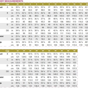 May include: A chart showing standard body measurements in inches and centimeters for different cup sizes, bust, waist, and hip measurements. The chart is organized by cup size, with rows for A, B, C, D, and DD. Each row shows the corresponding measurements in inches and centimeters for different sizes, ranging from 0 to 20.