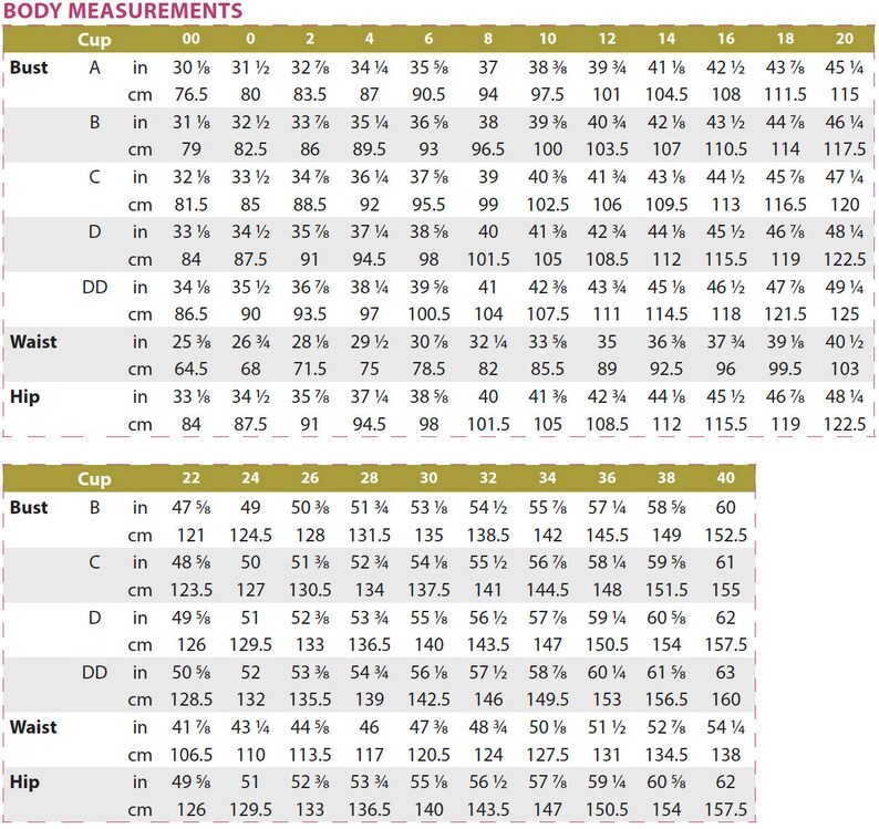 May include: A chart showing standard body measurements in inches and centimeters for different cup sizes, bust, waist, and hip measurements. The chart is organized by cup size, with rows for A, B, C, D, and DD. Each row shows the corresponding measurements in inches and centimeters for different sizes, ranging from 0 to 20.