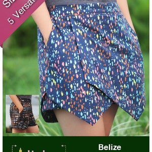 Op de afbeelding: Een digitaal naaipatroon voor Belize Shorts & Skort, verkrijgbaar in maten 00-20. Het patroon is van Itch to Stitch en heeft een kleurrijke, geometrische print.