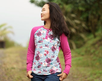 Women's Knit Henley and Top Sewing Pattern, Pullover, Raglan Sleeve, Partial Placket, Curved Hem, Neckband, Bottom Band, Sizes 00-20