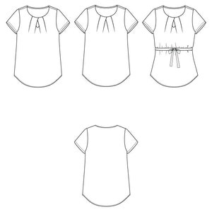May include: A line drawing of a women's shirt with a gathered neckline and short sleeves. The shirt is shown in three different views: front, back, and a front view with a tie at the waist.