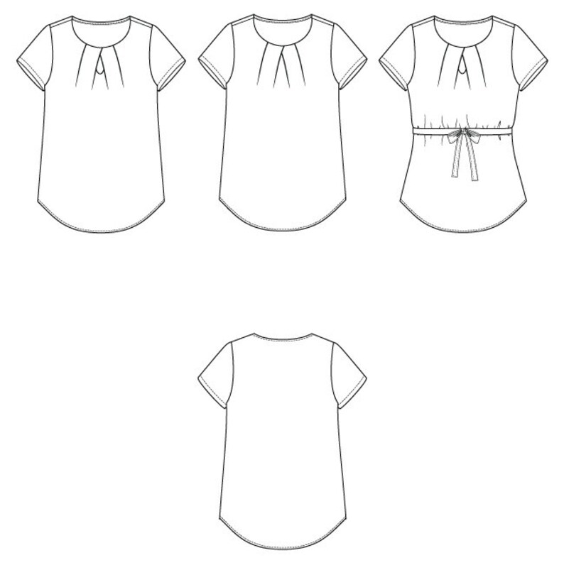 May include: A line drawing of a women's shirt with a gathered neckline and short sleeves. The shirt is shown in three different views: front, back, and a front view with a tie at the waist.