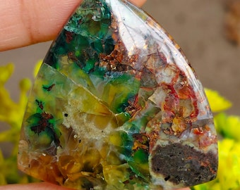 Rare - Green plume agate native Copper | size:34x32x5,7 mm | polished cabochons | Crystal healing.