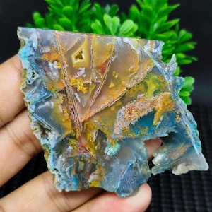 May include: A colorful agate slab with a variety of colors, including blue, green, yellow, orange, and red. The agate has a natural, irregular shape and a smooth, polished surface.