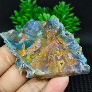 May include: A slice of agate with a variety of colors, including blue, green, yellow, orange, and red. The agate has a translucent appearance and is irregularly shaped.