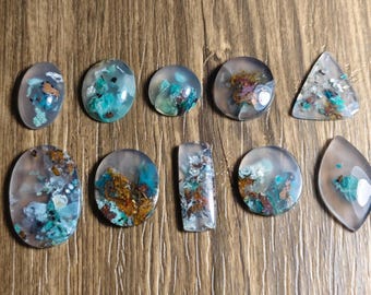 Lot Small - Chrysocolla Floating Native copper in chalsedony | Cabochons | size : 15 - 25mm | gift Engagement