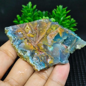 May include: A colorful agate slab with shades of blue, green, yellow, and orange. The agate has a unique pattern of veins and swirls.
