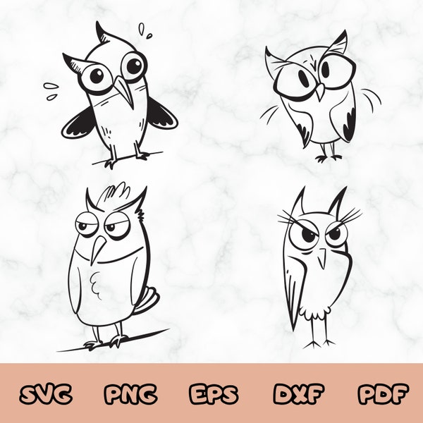 4 Owl SVG Outline Cut File, Cute Owl SVG, Doodle Animals Svg, Animal Characters, Cut files for Cricut and Silhouette, Illustration Design