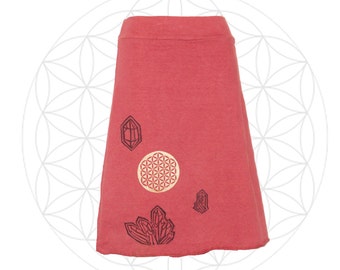 Organic Skirt -Printed with Flower of Life and Crystals - Organic Cotton and Hemp Skirt- Handmade and dyed to order