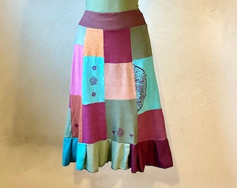 Patchwork skirt with prints , ready to ship size Small-Organic cotton and hemp, hand dyed with low impact dyes Handmade in California