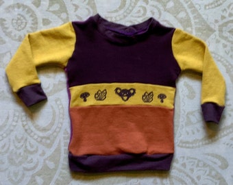 Sweat-shirt en coton biologique et chanvre pour enfant taille 2/3 T fabriqué à la main, teint et imprimé unique en son genre