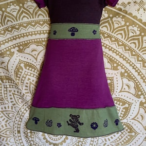 Organic cotton and Hemp Dress with Dancing Bear with flowers and mushrooms - Size 5/6 ready to ship