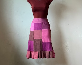 Handmade patchwork skirt ready to ship in a Medium. Organic cotton and hemp, hand dyed with low impact dyes