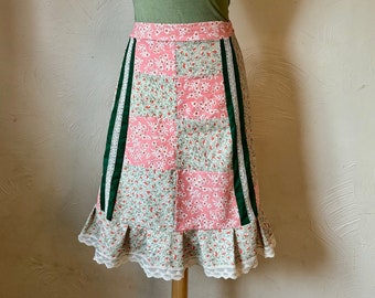 Organic cotton patchwork skirt with organic cotton lace trim. Size measurements in Listing.