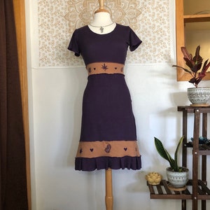 Organic cotton and Hemp Dress -Printed with hand carved stamps of Crystals and Hemp/ ganja leaf - Handmade and dyed - Custom made to order