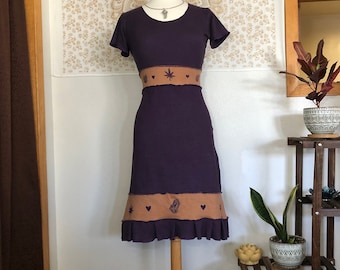 Organic cotton and Hemp Dress -Printed with hand carved stamps of Crystals and Hemp/ ganja leaf - Handmade and dyed - Custom made to order