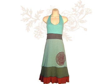 Organic cotton and Hemp Halter dress with Mandala print- Handmade and dyed - Custom made for you