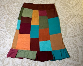 Ready to ship in size Large Plus Patchwork skirt with pocket - Organic cotton and hemp, hand dyed low impact dyes Handmade in California