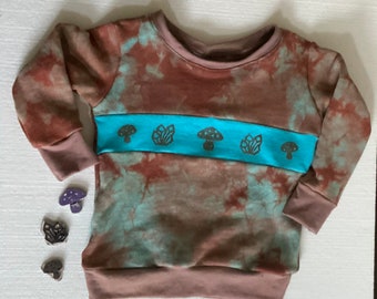 Organic cotton and hemp sweatshirt for children size 2T, printed with mushrooms and crystal prints. Handmade, dyed and printed Ready to ship