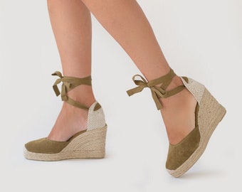 CATALINA - ESPADRILLAS IN PELLE da donna color kaki altezza 10 cm.