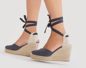 ELEANOR - Women's Denim ORGANIC Cotton ESPADRILLES height 10cm.