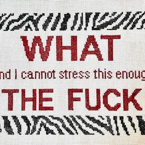 Peut inclure: Une toile blanche avec une bordure en imprimé zèbre noir et blanc. Le texte "WHAT and I cannot stress this enough THE FUCK" est brodé en rouge.