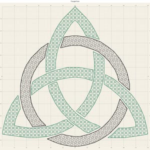May include: A digital graphic of a triquetra triangle knot design on a light beige grid background. The knot features two interlaced bands, one outlined in dark green with a cross-hatch pattern and one in black with a geometric maze-like pattern.