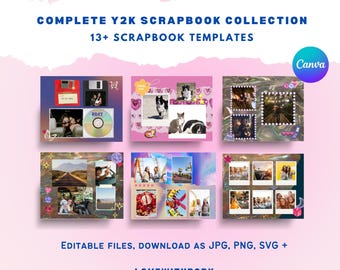 Peut inclure: Une collection de 13 modèles de scrapbooking Y2K avec une variété de designs et de mises en page colorés. Les modèles incluent des images de personnes, d'animaux et de paysages. Le texte "COMPLETE Y2K SCRAPBOOK COLLECTION 13+ SCRAPBOOK TEMPLATES" est affiché en haut de l'image. Le texte "EDITABLE FILES, DOWNLOAD AS JPG, PNG, SVG + LOVEWITHRORY" est affiché en bas de l'image.