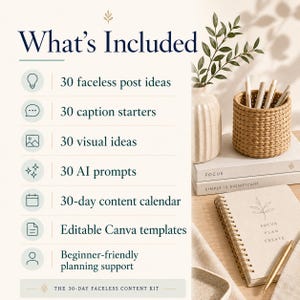 K&ouml;nnte beinhalten: Werbebild f&uuml;r ein 30-Tage-Faceless-Content-Kit. Das Bild enth&auml;lt eine Liste der enthaltenen Artikel, wie z. B. Post-Ideen, Caption-Starter und KI-Prompts. Ein Notizbuch, Stifte und dekorative Gegenst&auml;nde sind ebenfalls sichtbar.