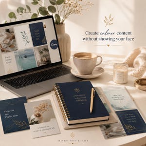 K&ouml;nnte beinhalten: Ein Arbeitsplatz mit einem Laptop, der Canva-Designs anzeigt, einem marineblauen Spiralnotizbuch und Karten mit inspirierenden Zitaten. Eine Kaffeetasse, eine Kerze und ein Stift sind ebenfalls vorhanden. Der Text "Create calmer content without showing your face" ist sichtbar.