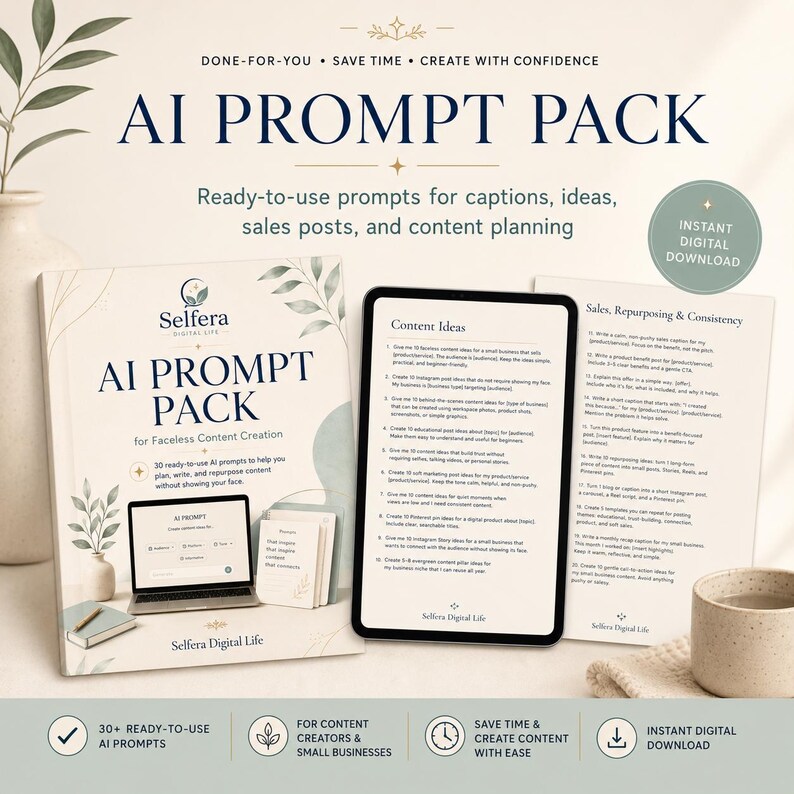 K&ouml;nnte beinhalten: Ein KI-Prompt-Paket f&uuml;r die Erstellung von Inhalten ohne Gesichter. Das Cover zeigt den Text "AI PROMPT PACK" und "Selfera Digital Life". Das Paket enth&auml;lt &uuml;ber 30 sofort einsatzbereite KI-Prompts f&uuml;r Bildunterschriften, Ideen, Verkaufsposts und Inhaltsplanung.