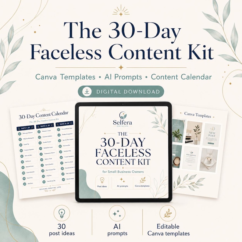 K&ouml;nnte beinhalten: Digitales Grafikdesign f&uuml;r das "30-Tage Faceless Content Kit". Das Bild zeigt ein Tablet mit dem Titel, Canva-Vorlagen, KI-Prompts und einem Inhaltskalender. Zus&auml;tzliche Ausdrucke und Symbole f&uuml;r Post-Ideen, KI-Prompts und editierbare Vorlagen sind ebenfalls zu sehen.