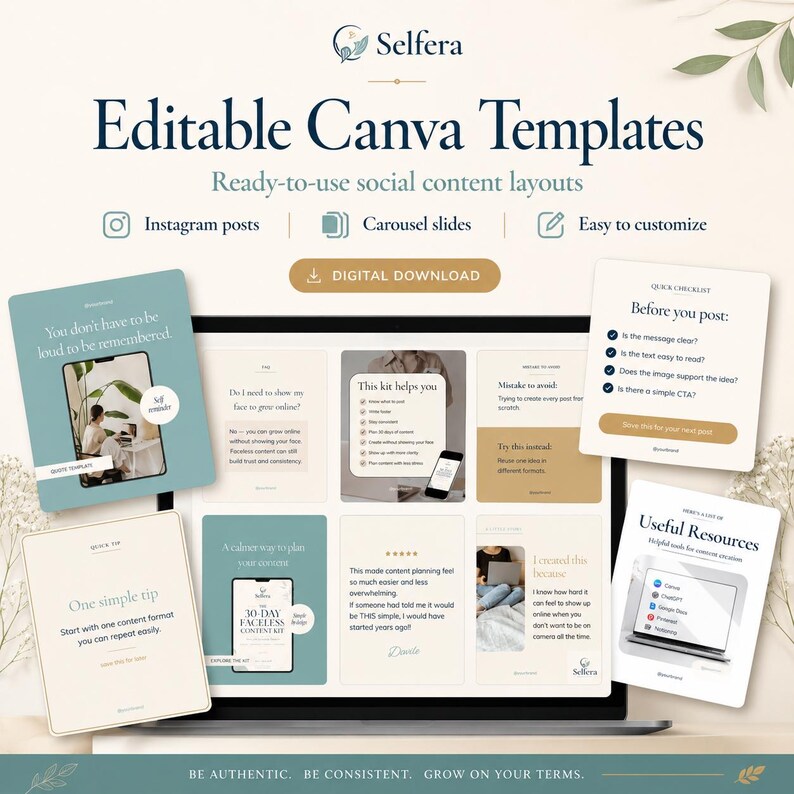 K&ouml;nnte beinhalten: Ein Laptop zeigt "Bearbeitbare Canva-Vorlagen" mit dem Text "Gebrauchsfertige Social-Content-Layouts". Das Bild enth&auml;lt Vorlagen f&uuml;r Instagram-Posts und Karussell-Folien mit einer Schaltfl&auml;che "Digitaler Download".
