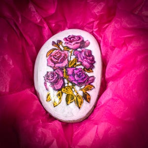 24 - Hand-Painted Rock with Flowers & Birds – Art Nouveau Garden Stone or Home Decor –Roses - Unique Nature Art Gift!