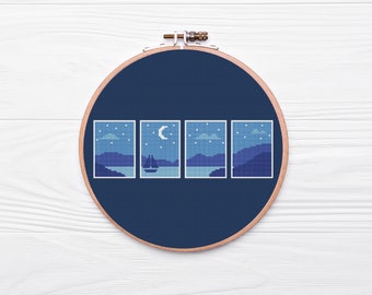 Set Cross Stitch Pattern Night Seascape PDF, Simple Embroidery, Easy Cross Stitch Pattern, Home Decor, Modern Embroidery, Landscape, Nature